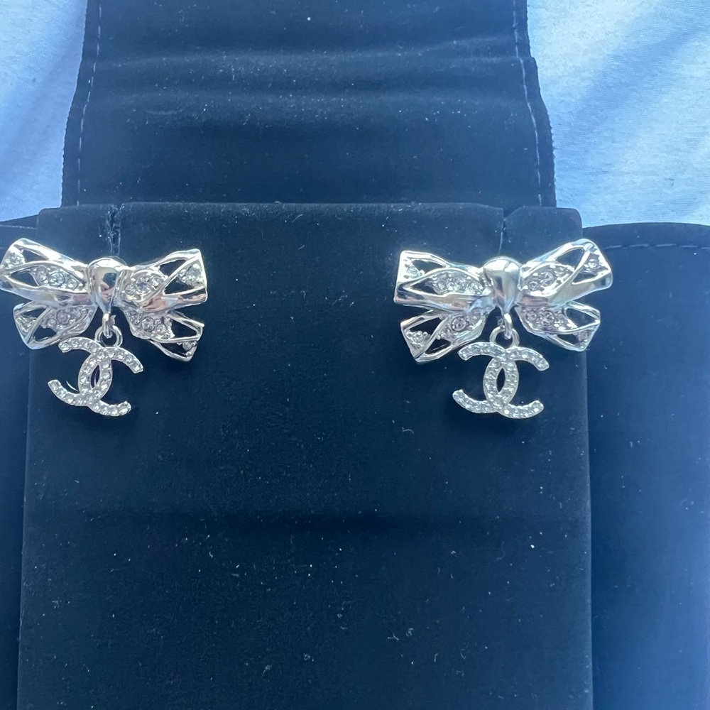C24 Chanel Butterfly CC Logo Silver HW  Crystal Pendent  Earrings - Picture 2 of 5